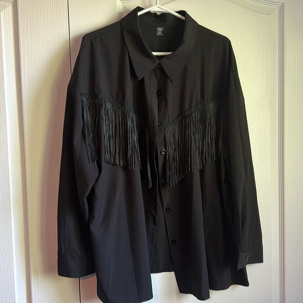 Black fringe button up
